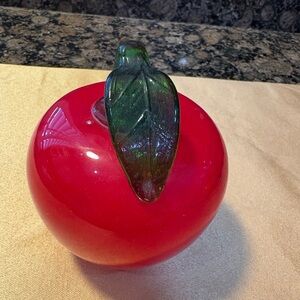 Red Glass Apple with Green Leaf Accent